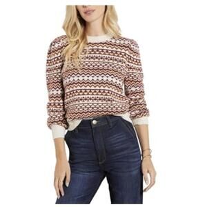 Evereve Cotton Blend Brown & Cream Haylo Fair Isle Pullover Sweater - Size - XS